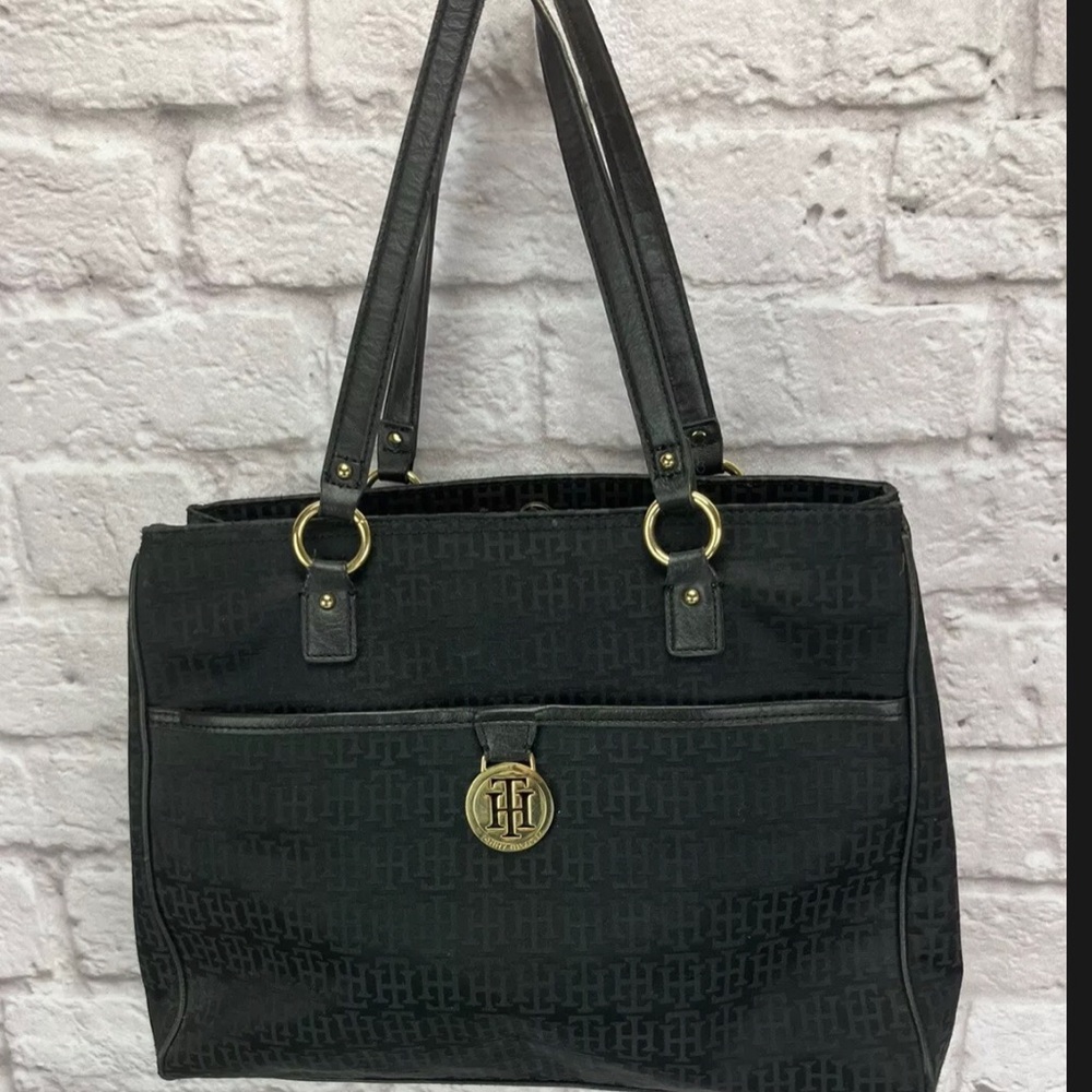 Tommy Hilfiger Logo Signature Large Black Tote Satchel Bag   14'x11"x 3"